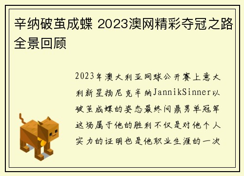 辛纳破茧成蝶 2023澳网精彩夺冠之路全景回顾 辛纳破茧成蝶 2023澳网精彩夺冠之路全景回顾